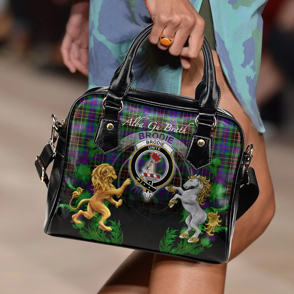 Brodie Hunting Modern Tartan Shoulder Handbag Lion Unicorn Thistle Style