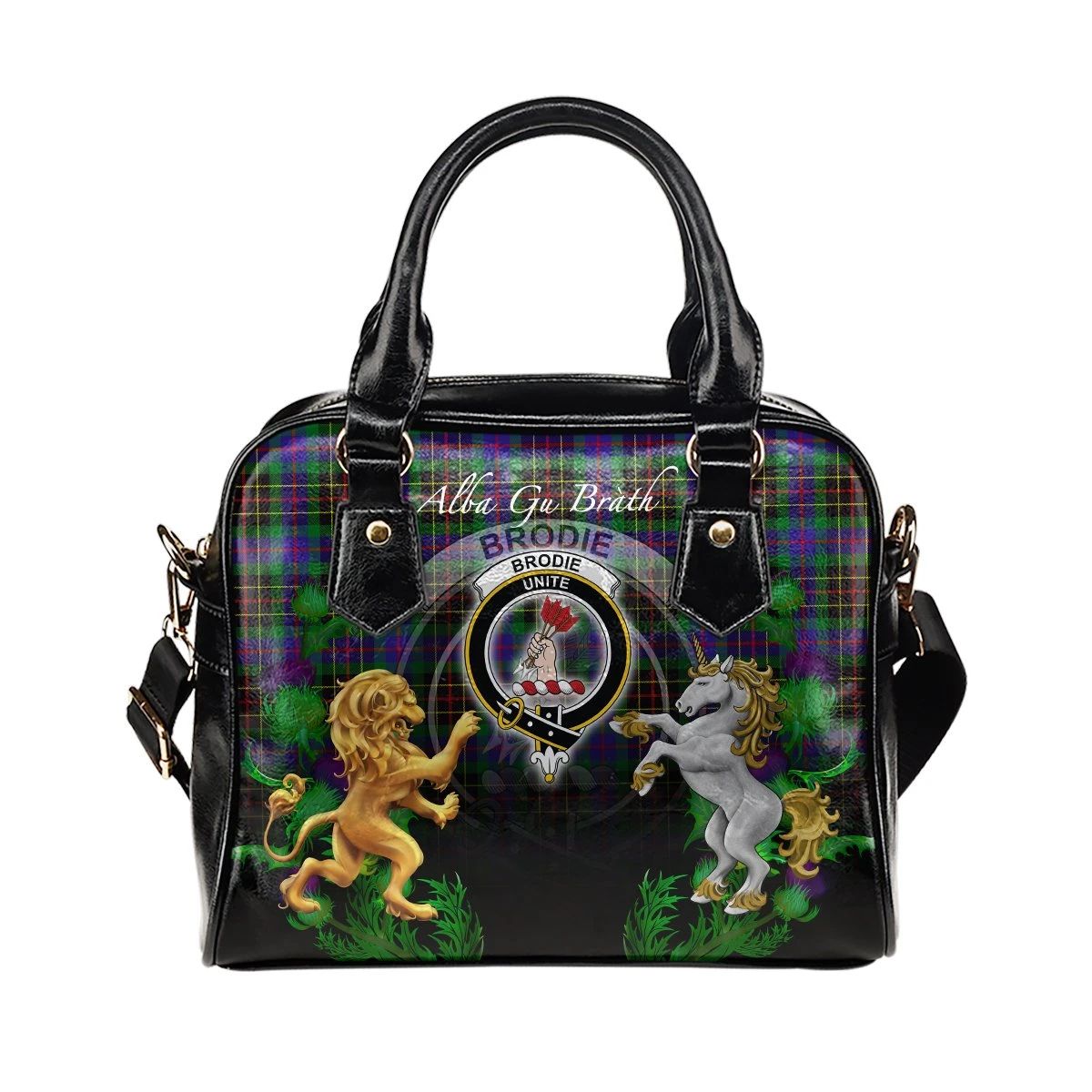 Brodie Hunting Modern Tartan Shoulder Handbag Lion Unicorn Thistle Style