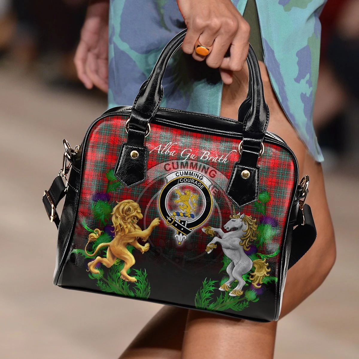 Cumming Modern Tartan Shoulder Handbag Lion Unicorn Thistle Style