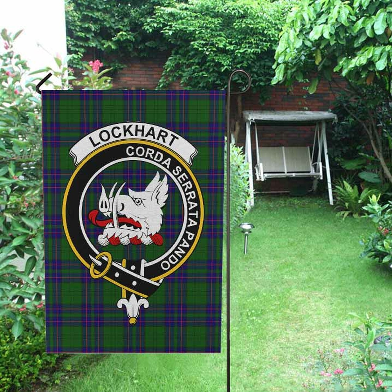 Lockhart Tartan Crest Garden Flag