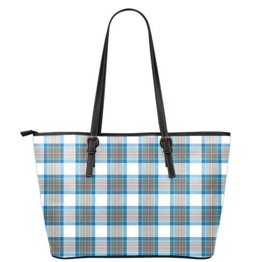 Stewart Muted Blue Tartan Plaid Leather Tote