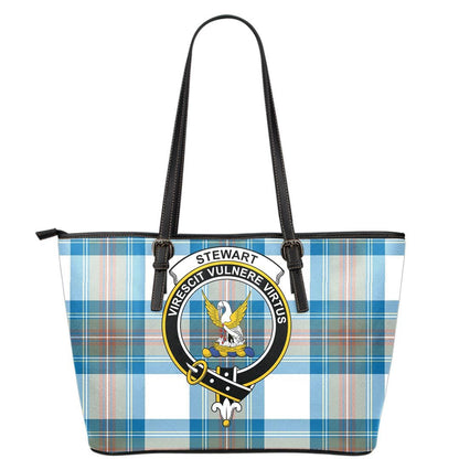 Stewart Muted Blue Tartan Crest Leather Tote