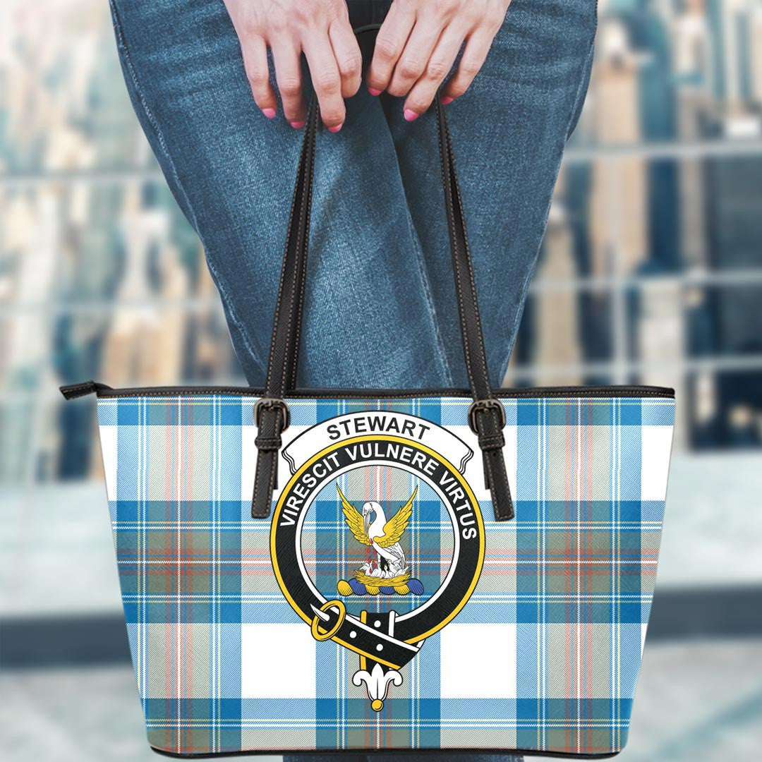 Stewart Muted Blue Tartan Crest Leather Tote