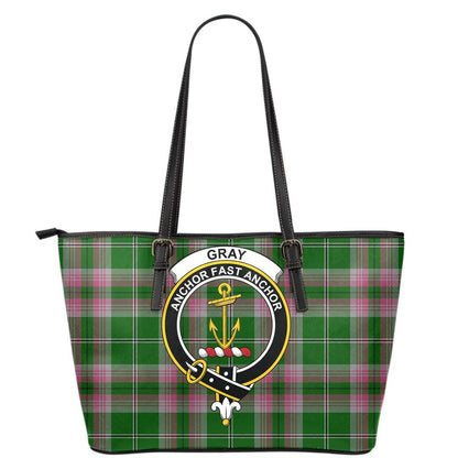 Gray Tartan Crest Leather Tote