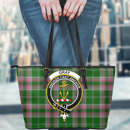 Gray Tartan Crest Leather Tote