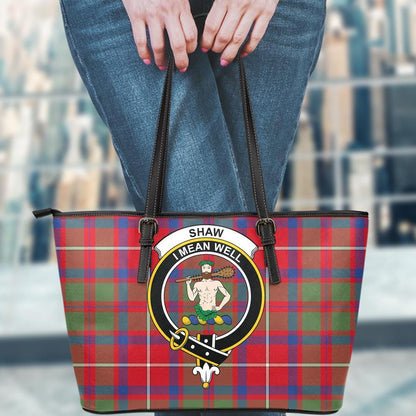 Shaw Red Modern Tartan Crest Leather Tote