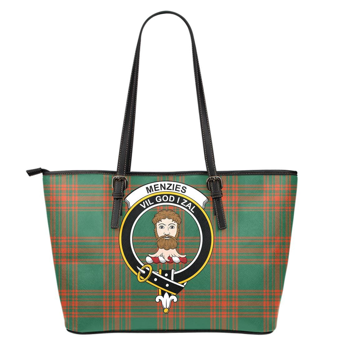 Menzies Green Ancient Tartan Crest Leather Tote