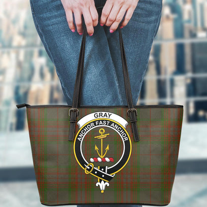 Gray Hunting Tartan Crest Leather Tote