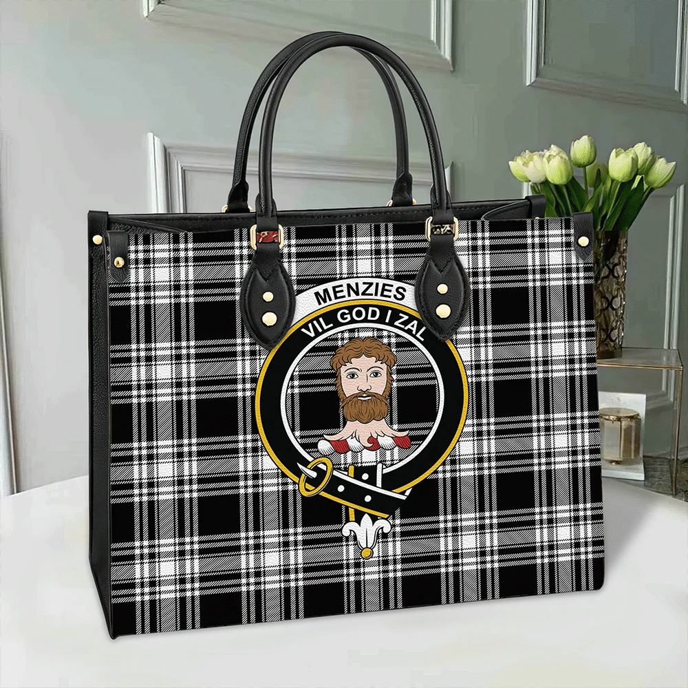 Menzies Black & White Modern Tartan Crest Leather Bag