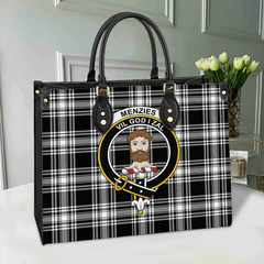 Menzies Black & White Modern Tartan Crest Leather Bag