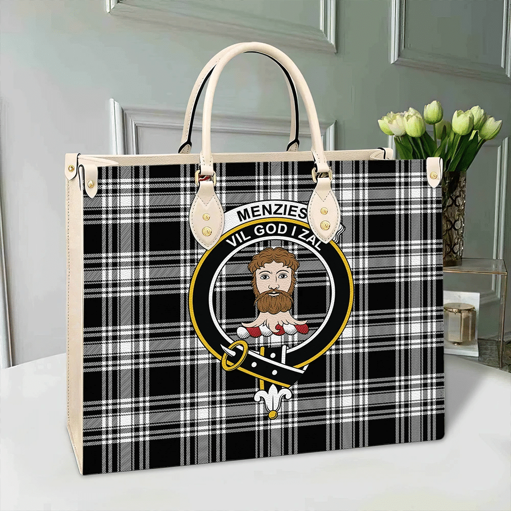 Menzies Black & White Modern Tartan Crest Leather Bag