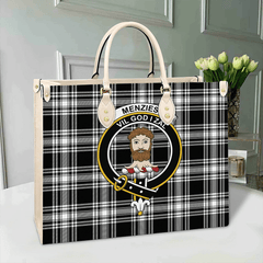 Menzies Black & White Modern Tartan Crest Leather Bag