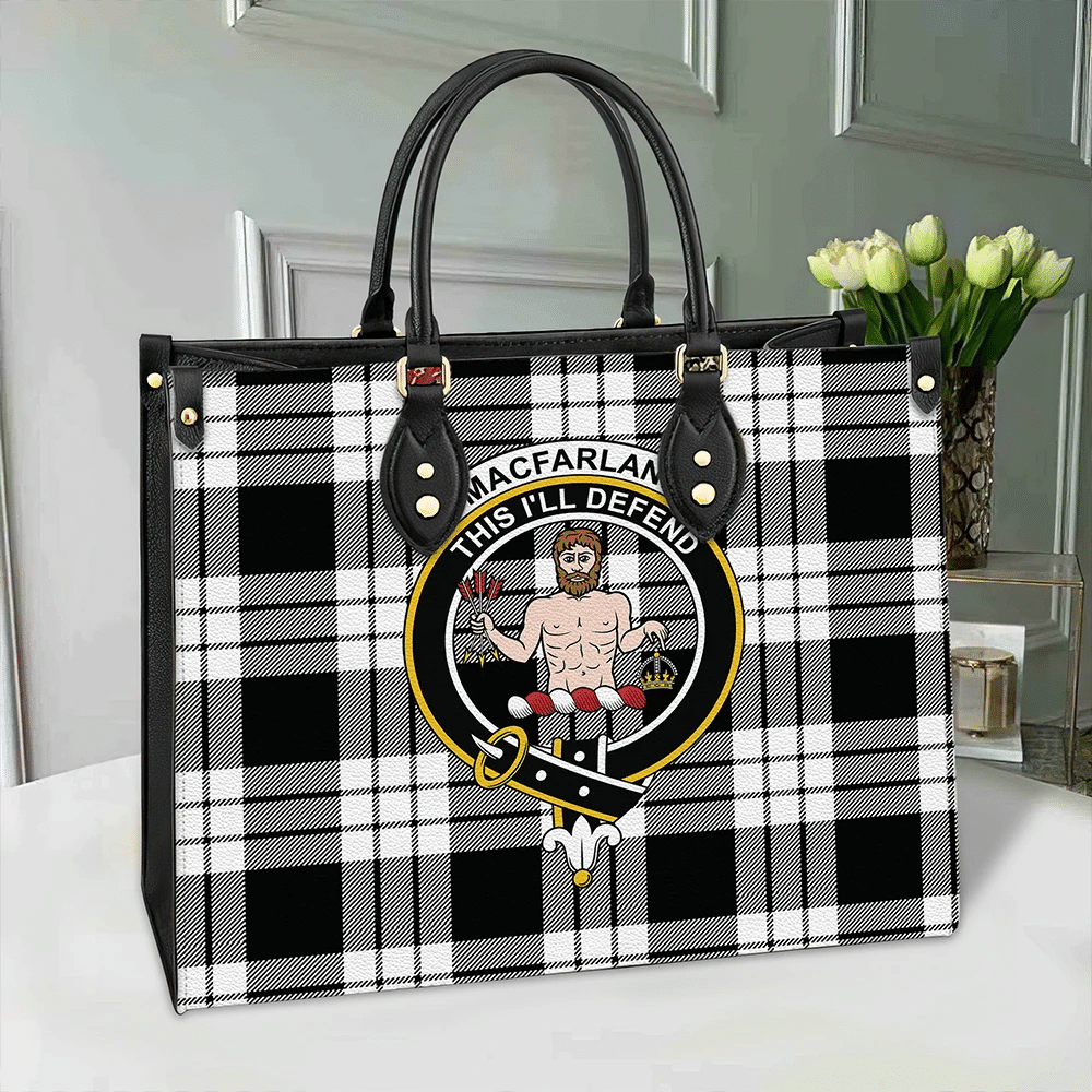 MacFarlane Black & White Ancient Tartan Crest Leather Bag