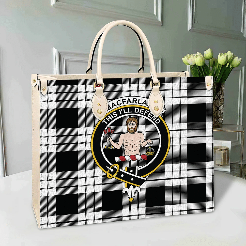 MacFarlane Black & White Ancient Tartan Crest Leather Bag