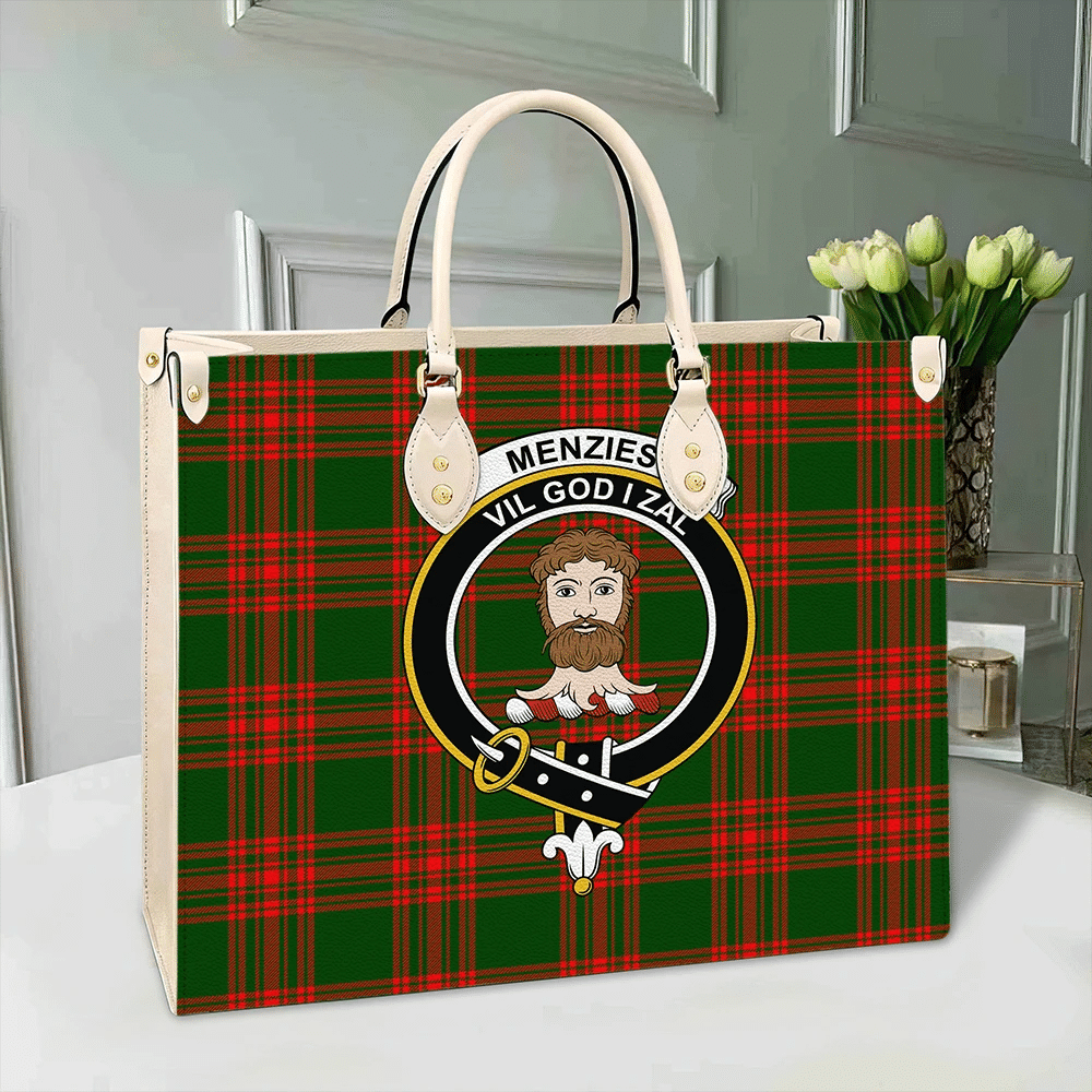 Menzies Green Modern Tartan Crest Leather Bag