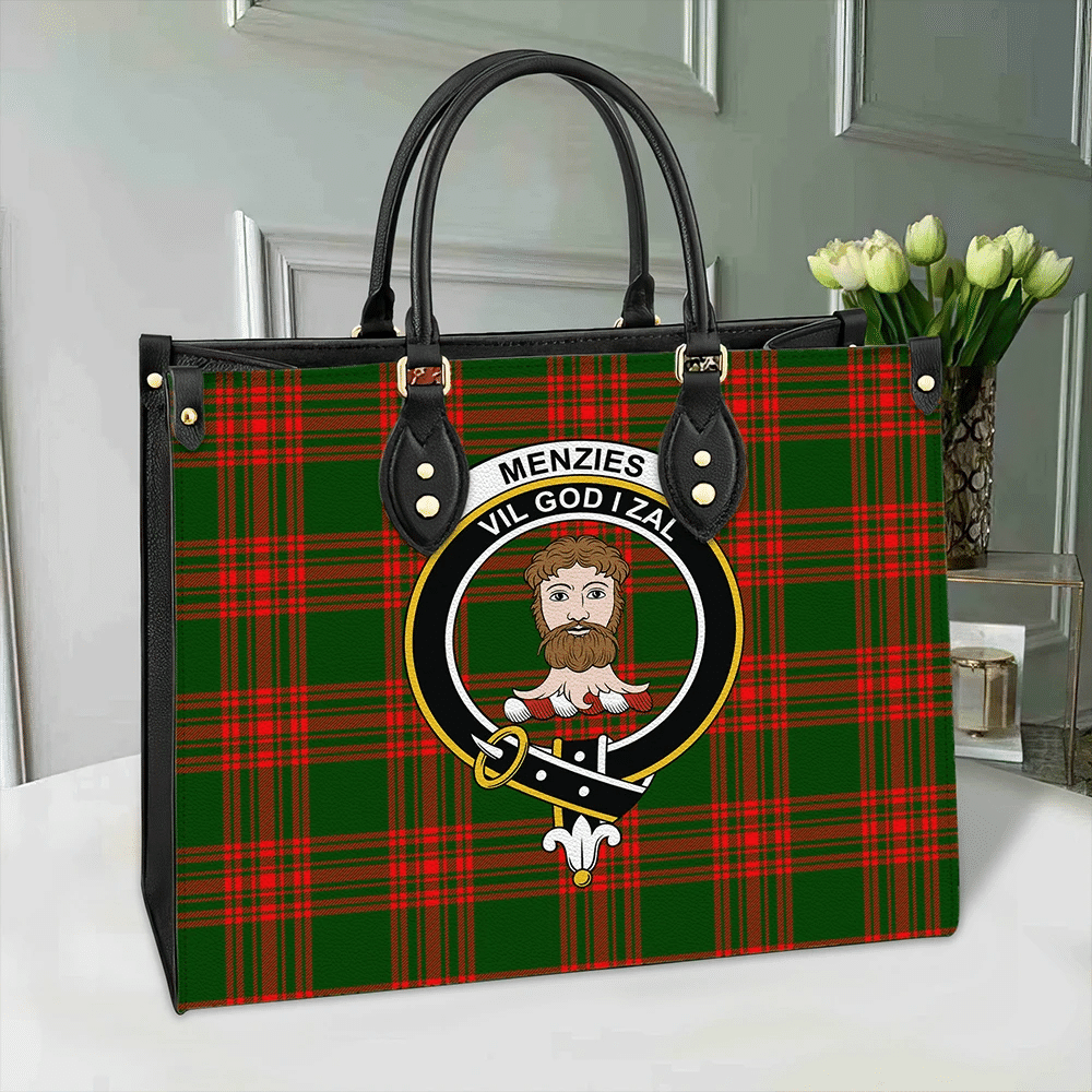 Menzies Green Modern Tartan Crest Leather Bag