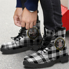 MacFarlane Black White Tartan Crest Leather Boots