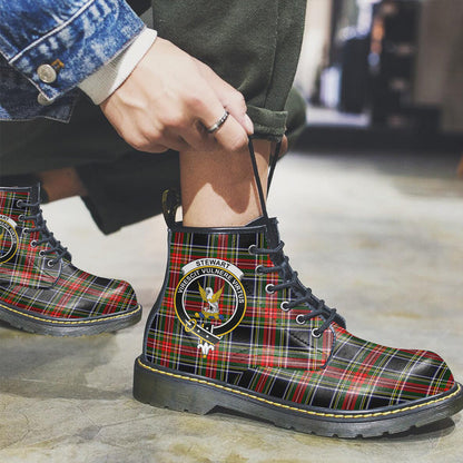 Stewart Black Tartan Crest Leather Boots