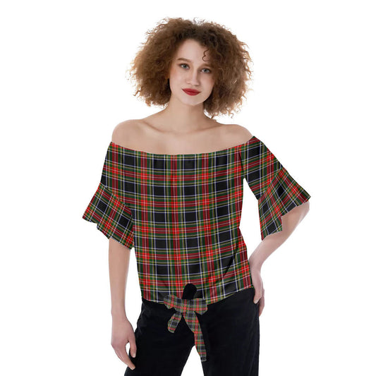 Stewart Black Tartan Plaid Off-Shoulder Blouse