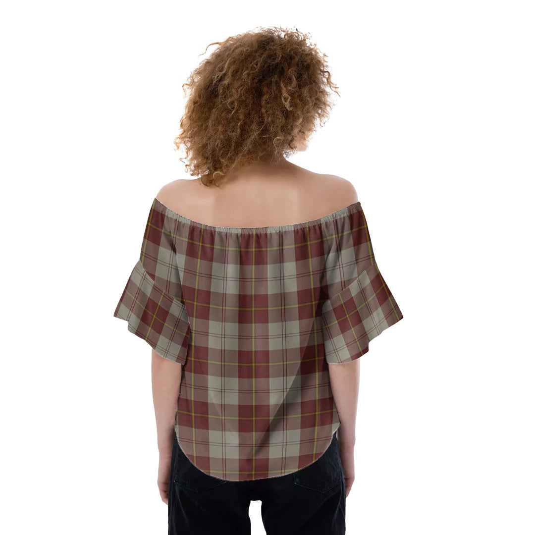 Cunningham Burgundy Dancers Tartan Plaid Off-Shoulder Blouse