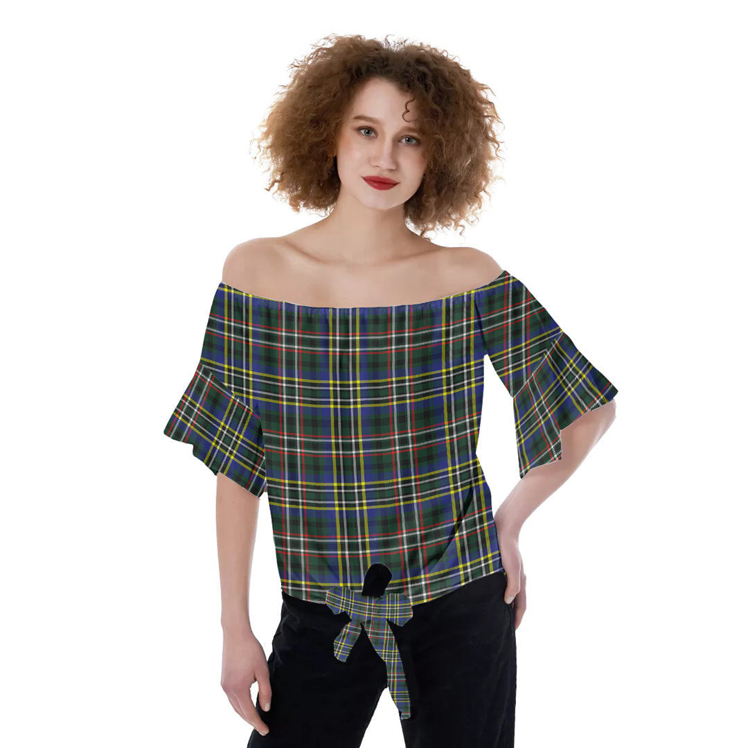 SCOTT GREEN MODERN Tartan Plaid Off-Shoulder Blouse