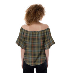 Stewart Hunting Weathered Tartan Plaid Off-Shoulder Blouse