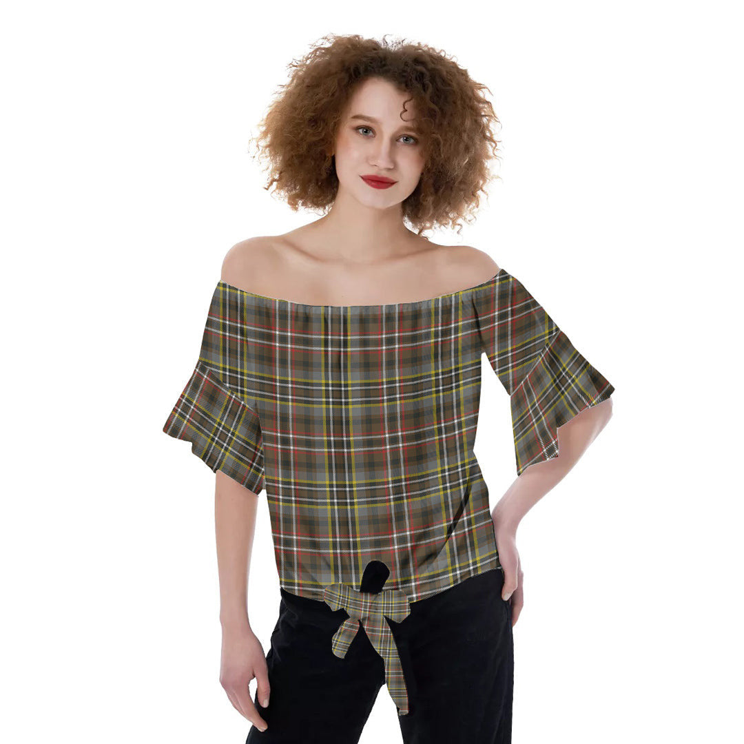 SCOTT GREEN WEATHERED Tartan Plaid Off-Shoulder Blouse