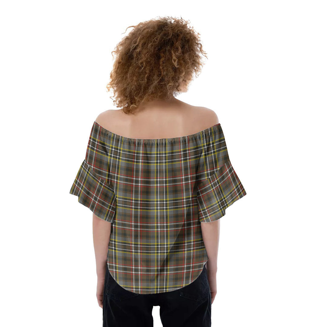 SCOTT GREEN WEATHERED Tartan Plaid Off-Shoulder Blouse