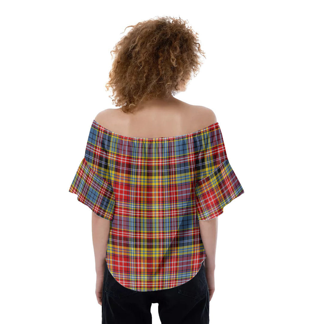 Drummond of Strathallan Tartan Plaid Off-Shoulder Blouse