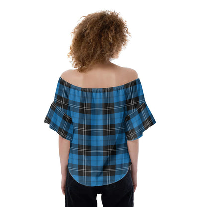 Ramsay Blue Ancient Tartan Plaid Off-Shoulder Blouse