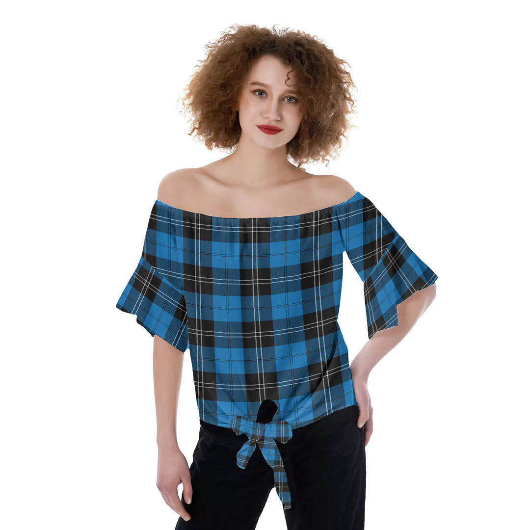 Ramsay Blue Ancient Tartan Plaid Off-Shoulder Blouse