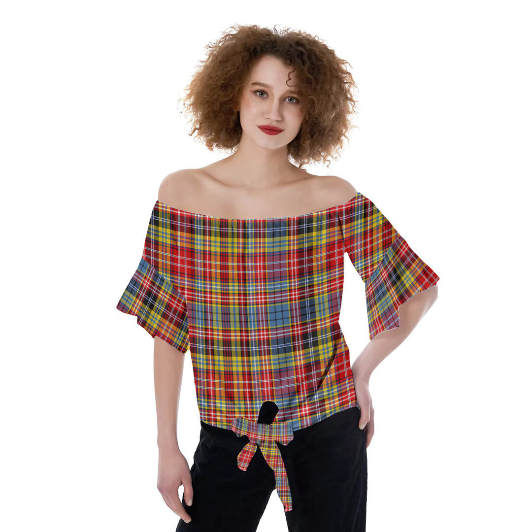 Drummond of Strathallan Tartan Plaid Off-Shoulder Blouse