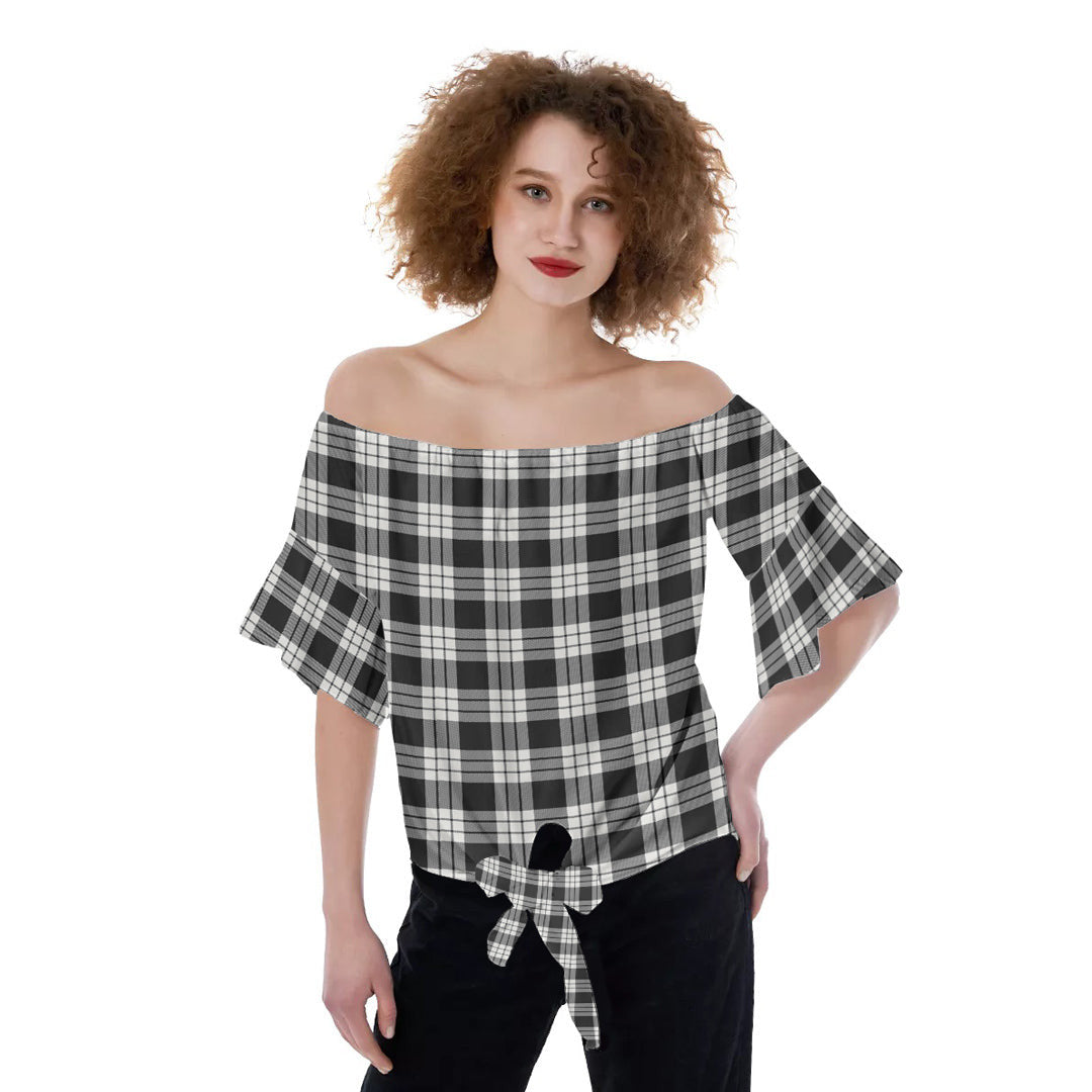 MacFarlane Black White Ancient Tartan Plaid Off-Shoulder Blouse