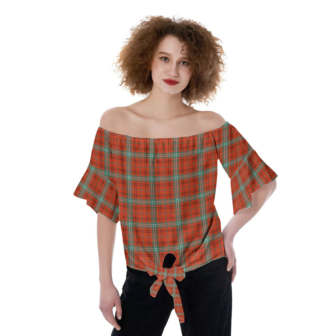 Morrison Red Ancient Tartan Plaid Off-Shoulder Blouse