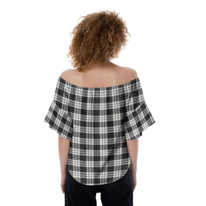 MacFarlane Black White Ancient Tartan Plaid Off-Shoulder Blouse