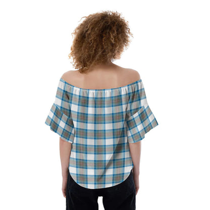 Stewart Muted Blue Tartan Plaid Off-Shoulder Blouse