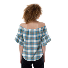Stewart Muted Blue Tartan Plaid Off-Shoulder Blouse