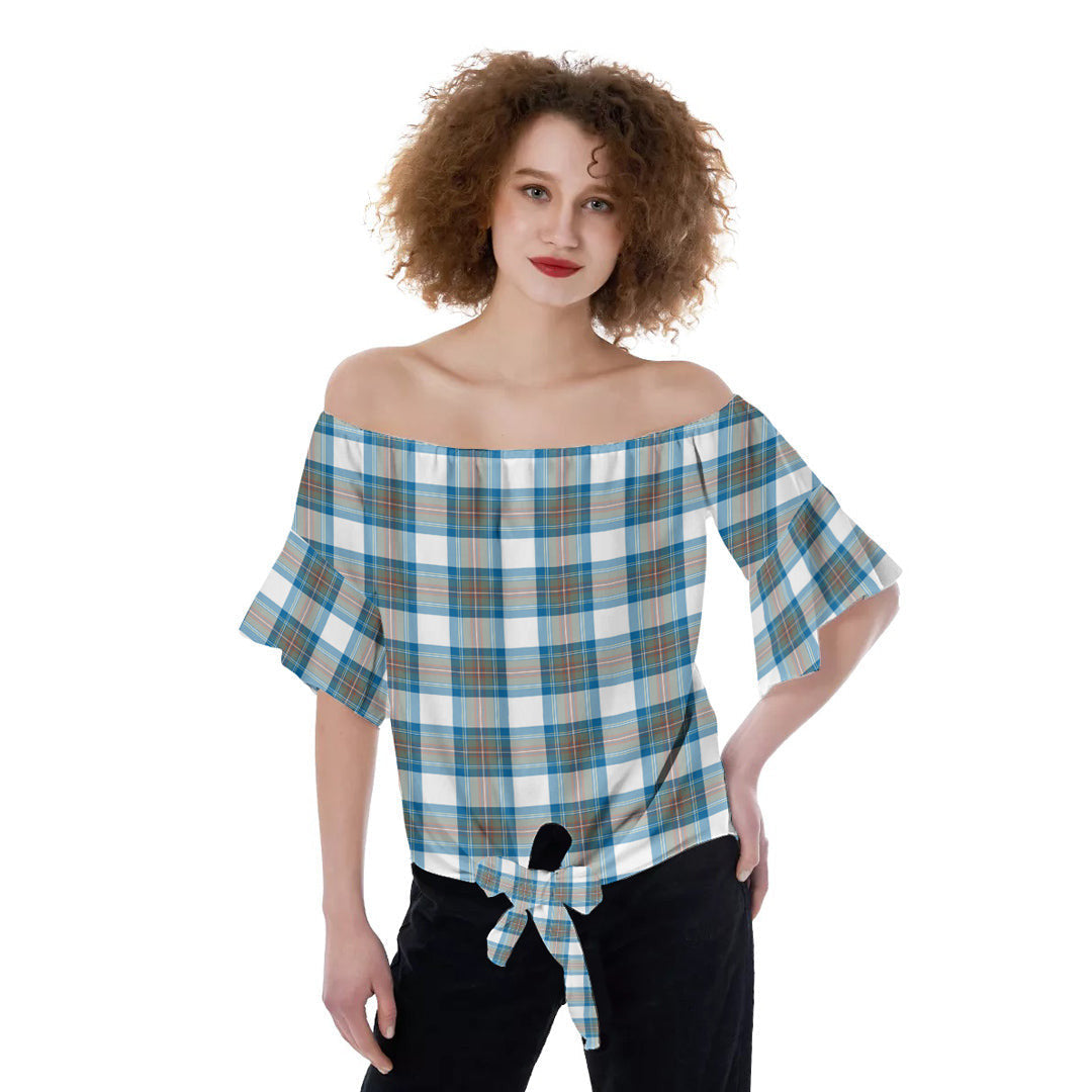 Stewart Muted Blue Tartan Plaid Off-Shoulder Blouse