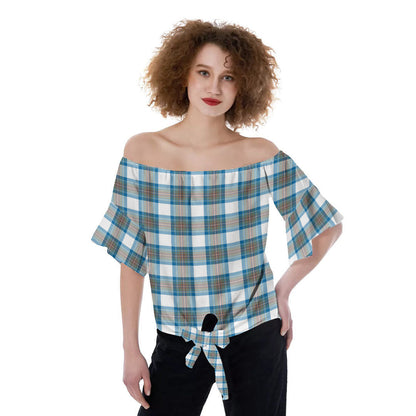 Stewart Muted Blue Tartan Plaid Off-Shoulder Blouse