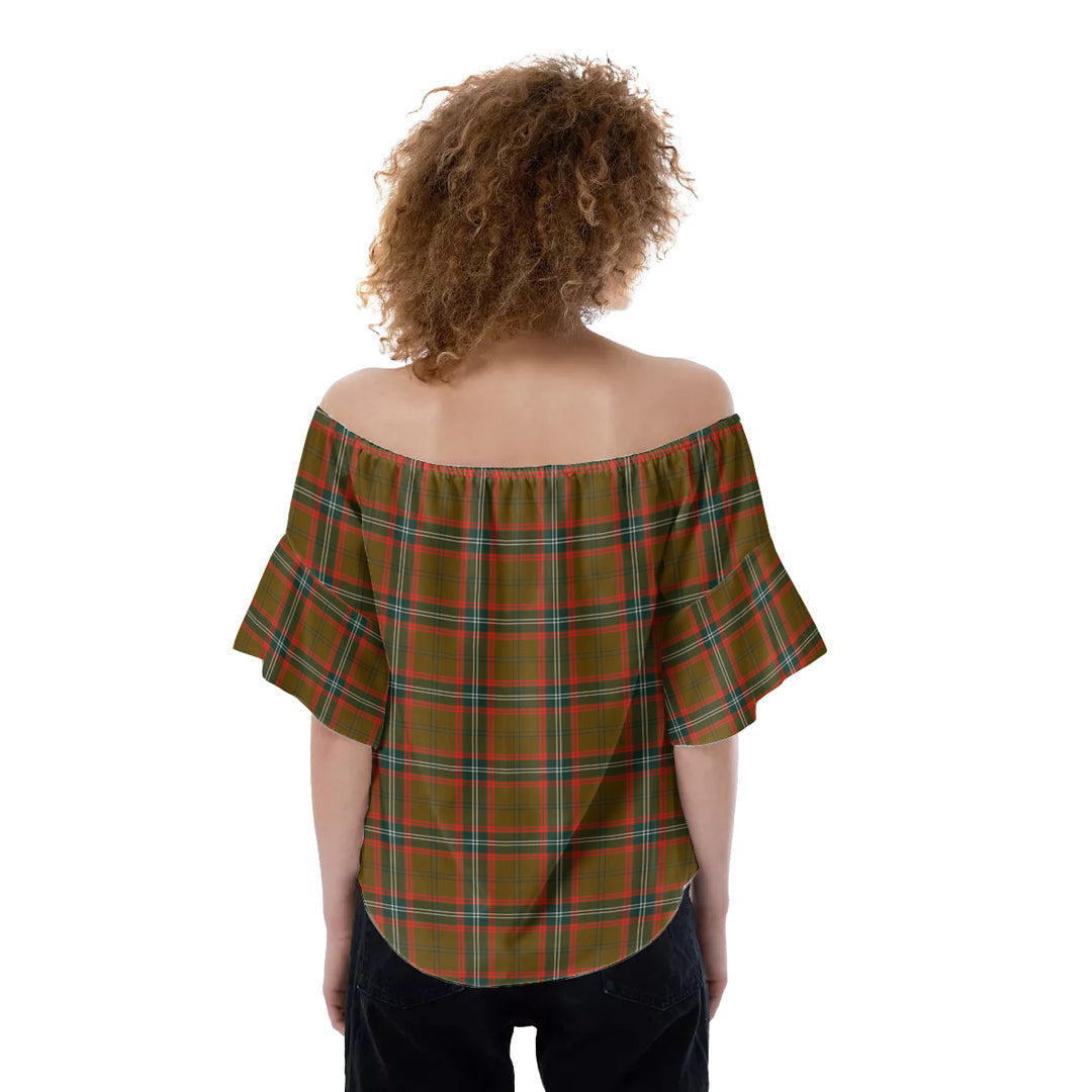 Seton Hunting Modern Tartan Crest Off-Shoulder Blouse