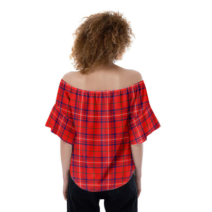 Rose Modern Tartan Crest Off-Shoulder Blouse