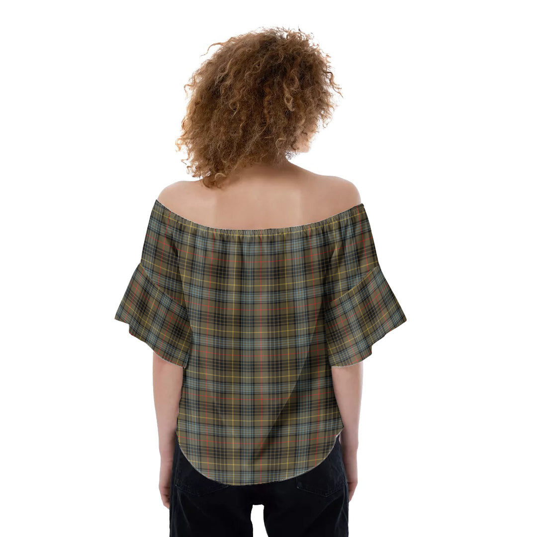 Stewart Hunting Weathered Tartan Crest Off-Shoulder Blouse