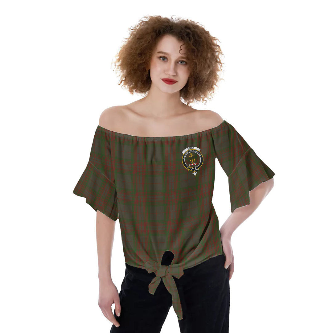 Gray Tartan Crest Off-Shoulder Blouse