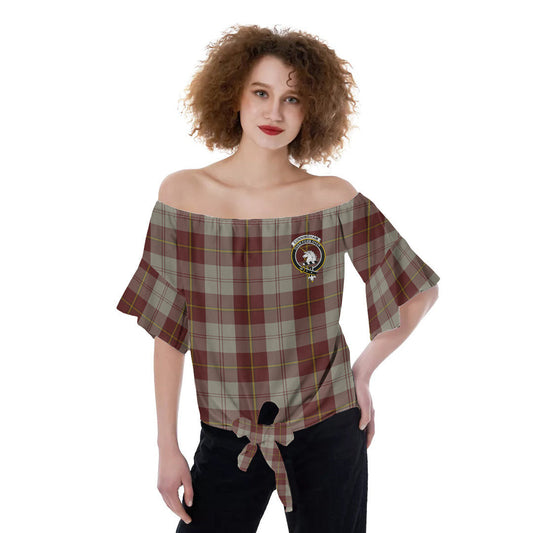 Cunningham Burgundy Dancers Tartan Crest Off-Shoulder Blouse