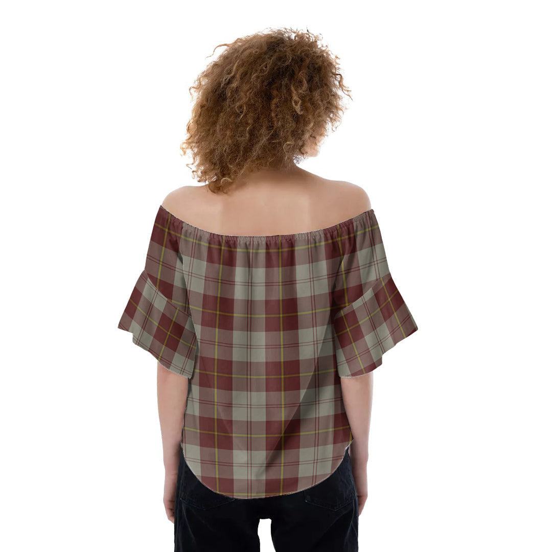 Cunningham Burgundy Dancers Tartan Crest Off-Shoulder Blouse