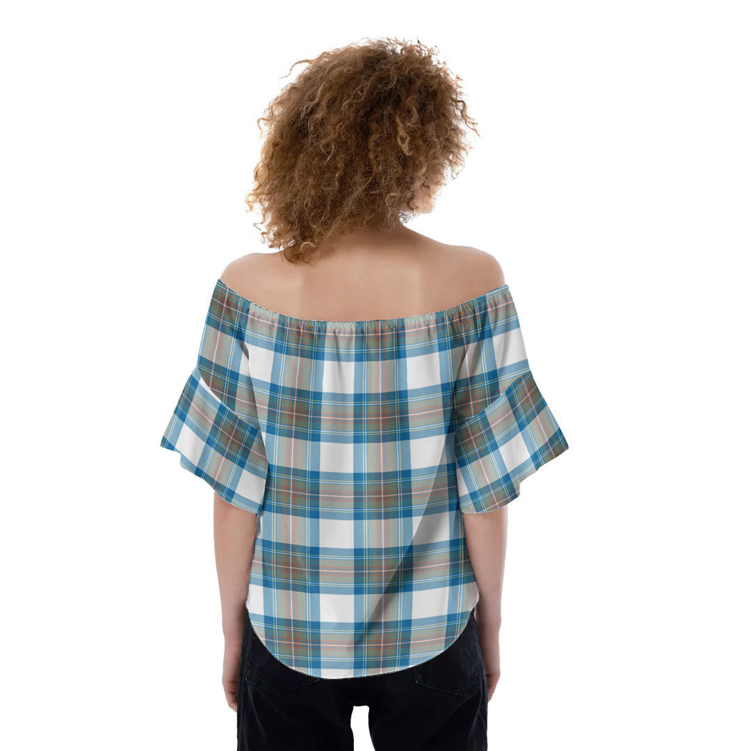 Stewart Muted Blue Tartan Crest Off-Shoulder Blouse