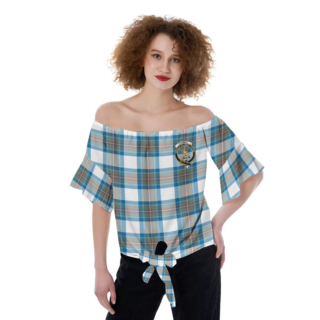 Stewart Muted Blue Tartan Crest Off-Shoulder Blouse