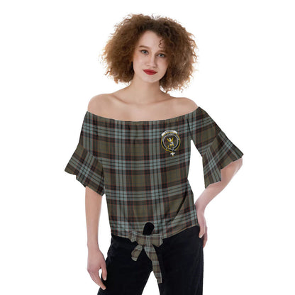 Stewart Old Weathered Tartan Crest Off-Shoulder Blouse