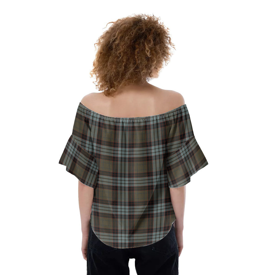 Stewart Old Weathered Tartan Crest Off-Shoulder Blouse