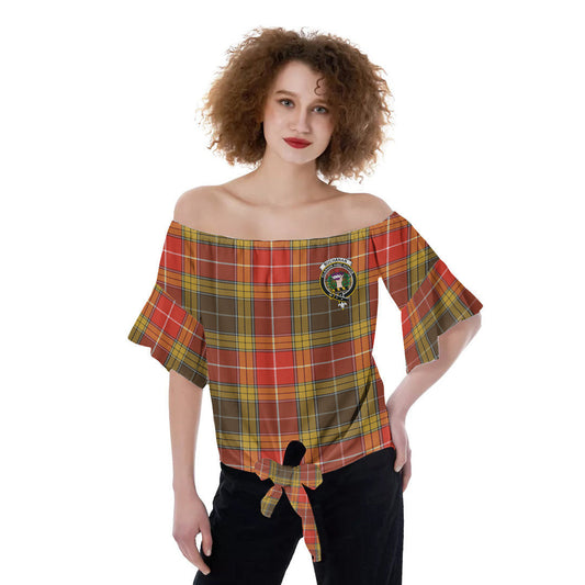 Buchanan Old Set Weathered Tartan Crest Off-Shoulder Blouse